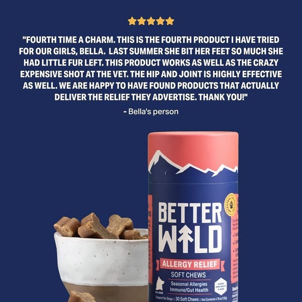 A square ad creative featuring a five-star customer review overlaid on a deep blue background with a product shot of allergy relief soft chews.